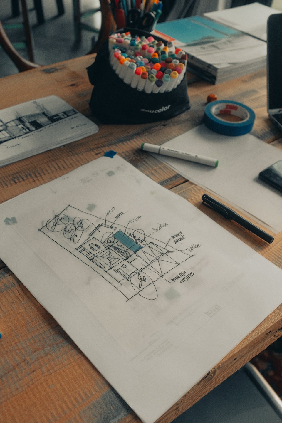 Plano arquitectónico y materiales de arte sobre un escritorio de madera.